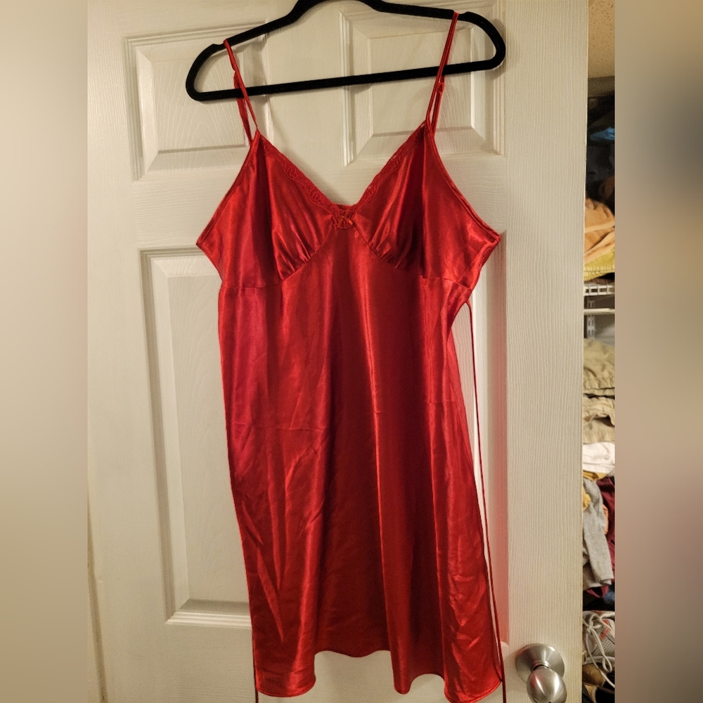 Adonna Red Satin Chemise/slip Dress With Lace Details Size Xxl